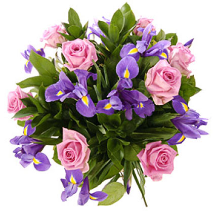 Ziedi: Rozā rozes un zili īrisi