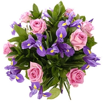 Ziedi: Rozā rozes un zili īrisi
